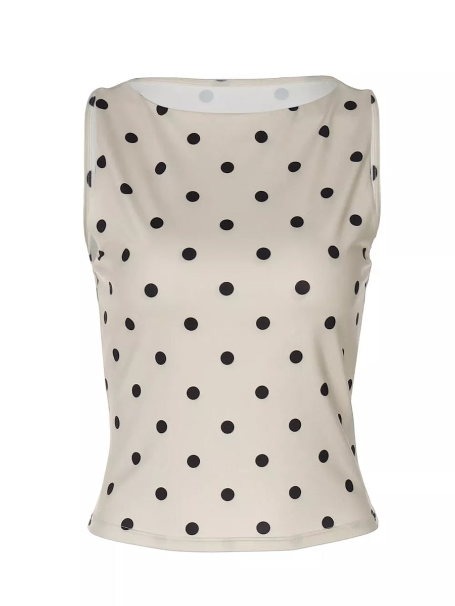 Chic polka dot tank top in khaki with a boat neck and cropped fit.