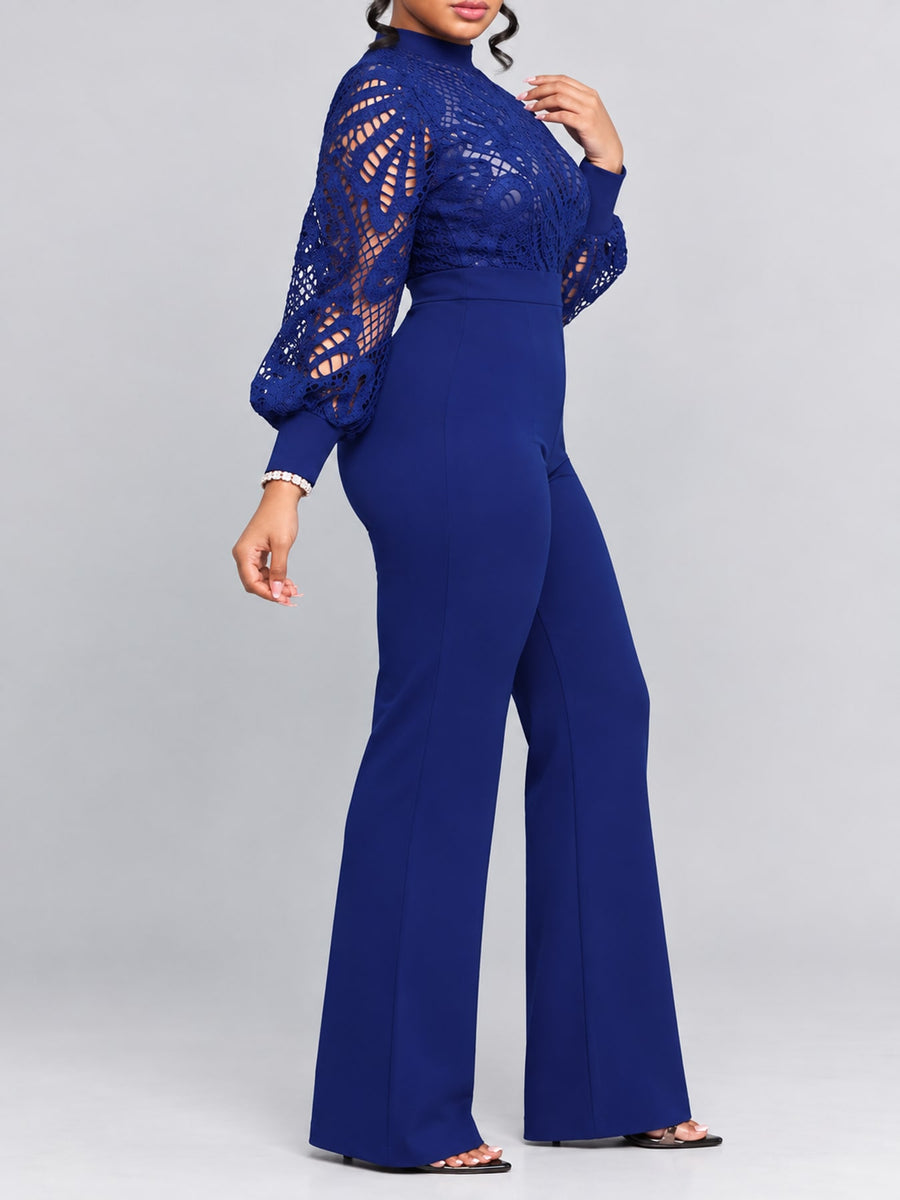 Blue jumpsuit featuring openwork and lace