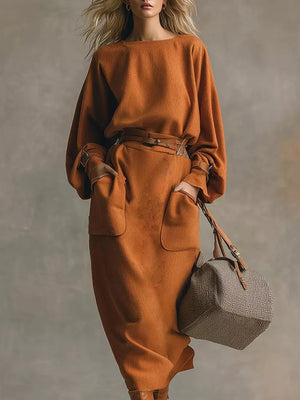 two-piece set in rust featuring belted and relaxed fit