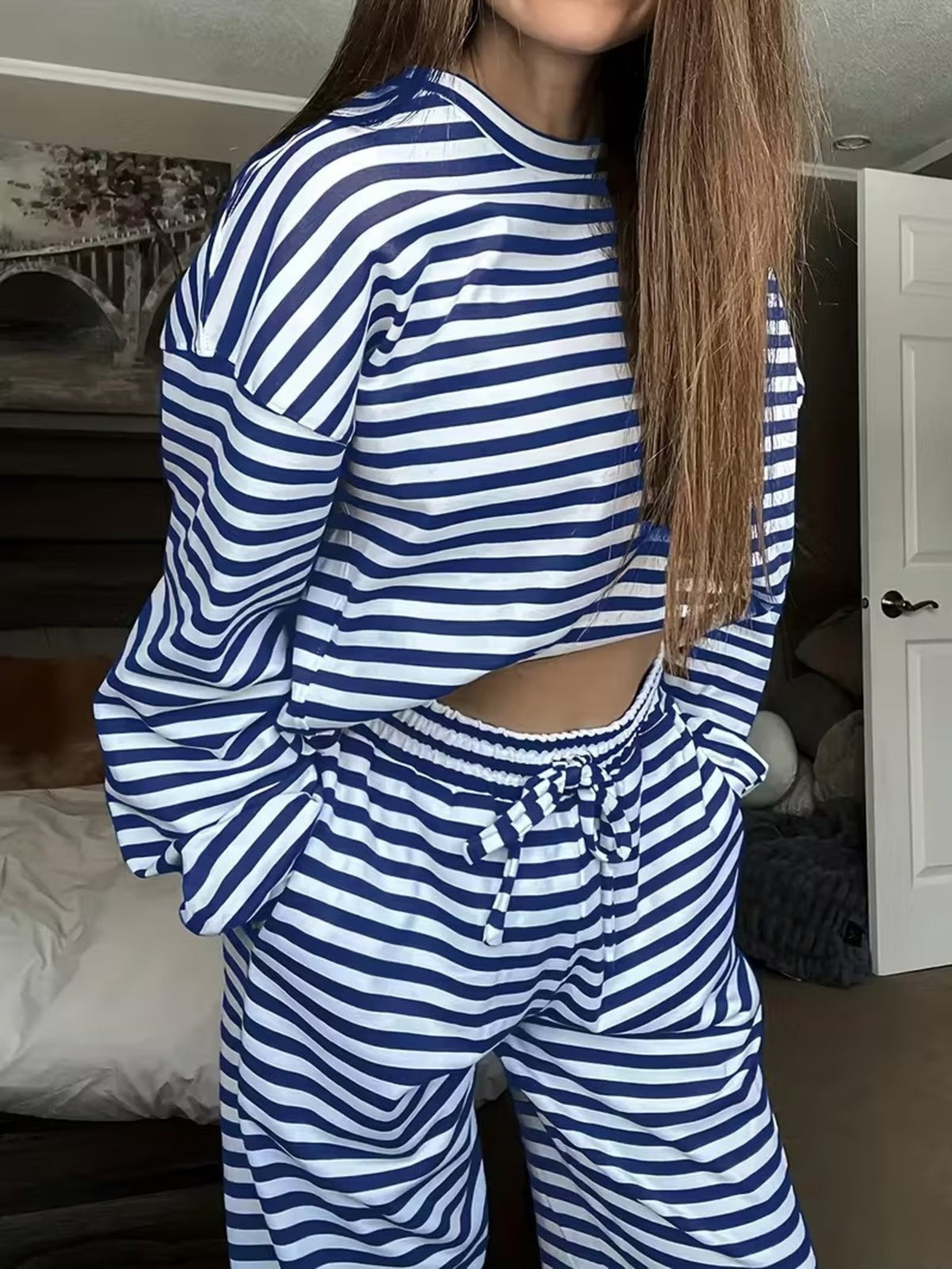 Drawstring Striped Long Sleeve Top And Pants Set in Green with drawstring