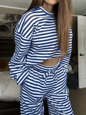 Drawstring Striped Long Sleeve Top And Pants Set in Green with drawstring