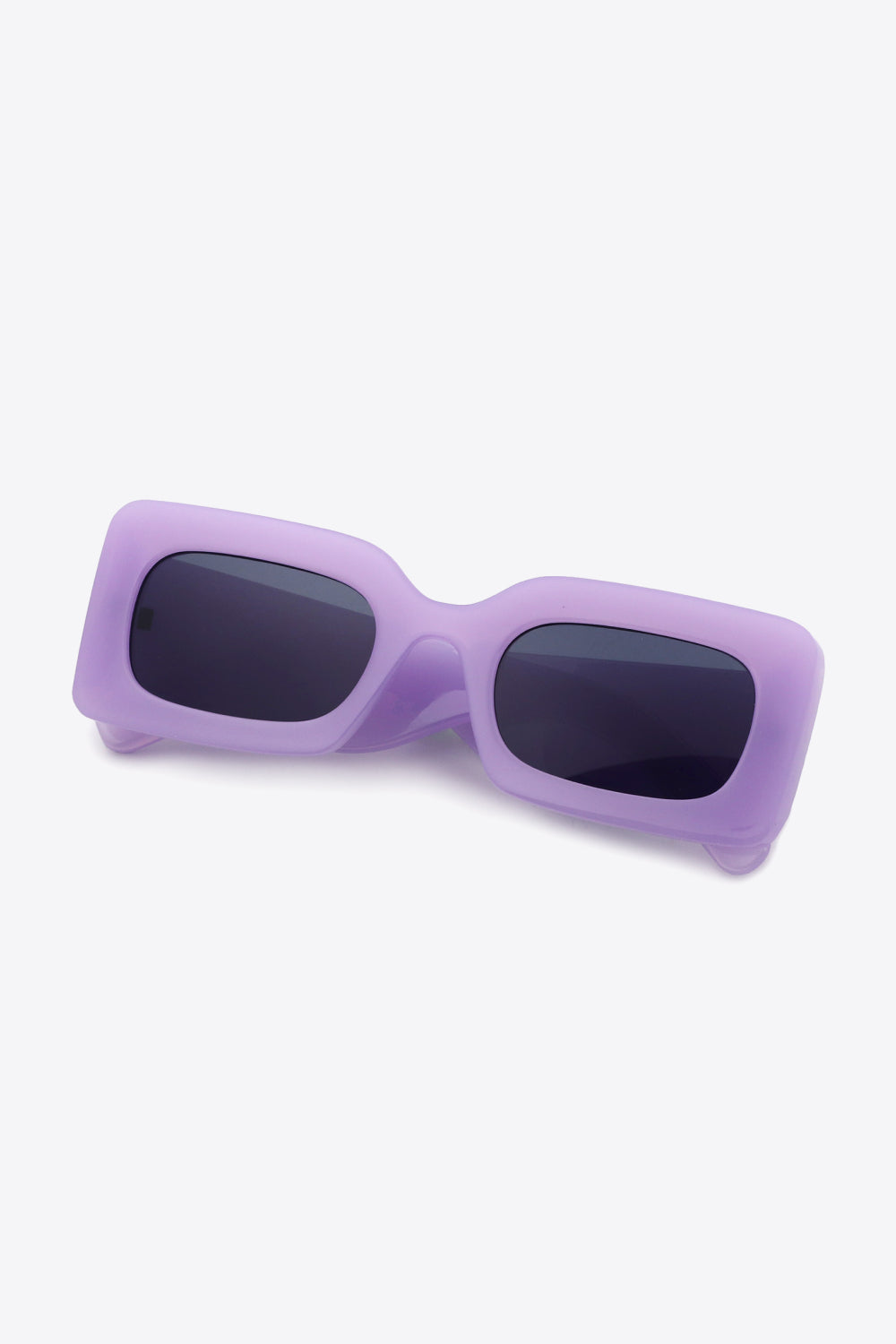 Lavender acetate rectangle sunglasses with dark lenses.