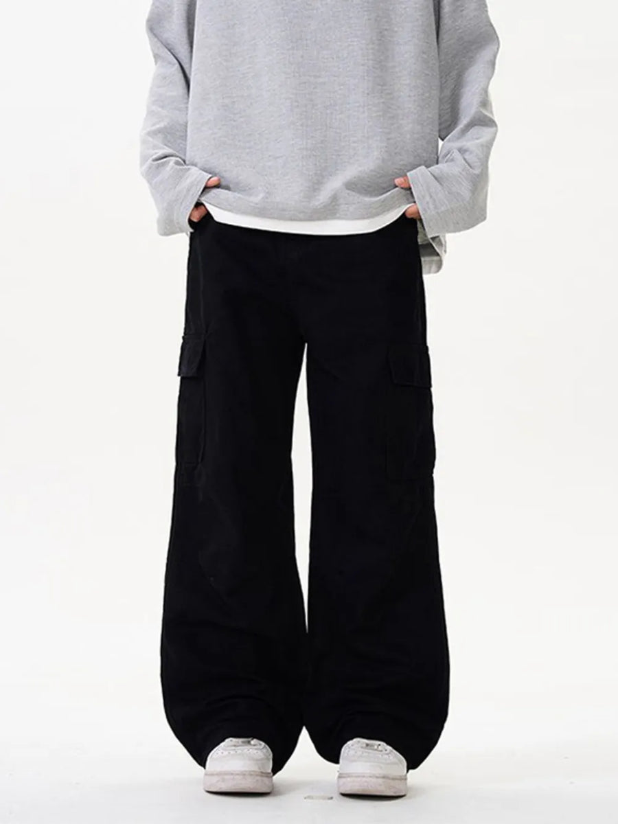 Black cargo pants with versatile pockets and a relaxed fit.