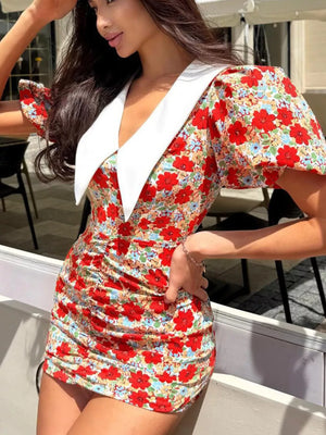Ruched floral mini dress with puff sleeves and a white collar
