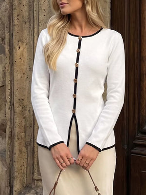 White with Contrast Trim Button Decor Knit Top