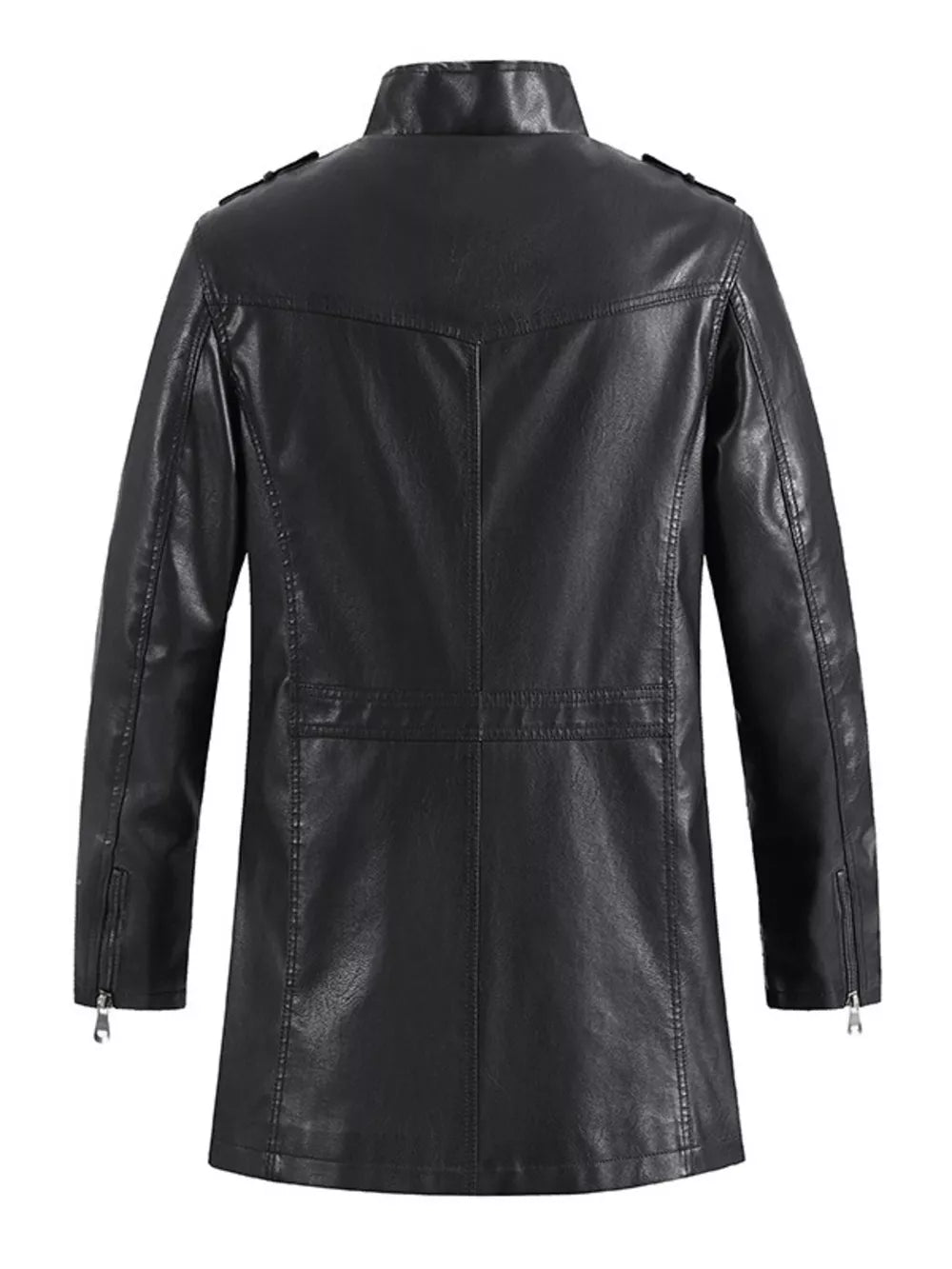 Black faux leather zip-up jacket with zippered cuffs and shoulder epaulets.