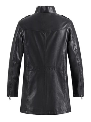 Black faux leather zip-up jacket with zippered cuffs and shoulder epaulets.