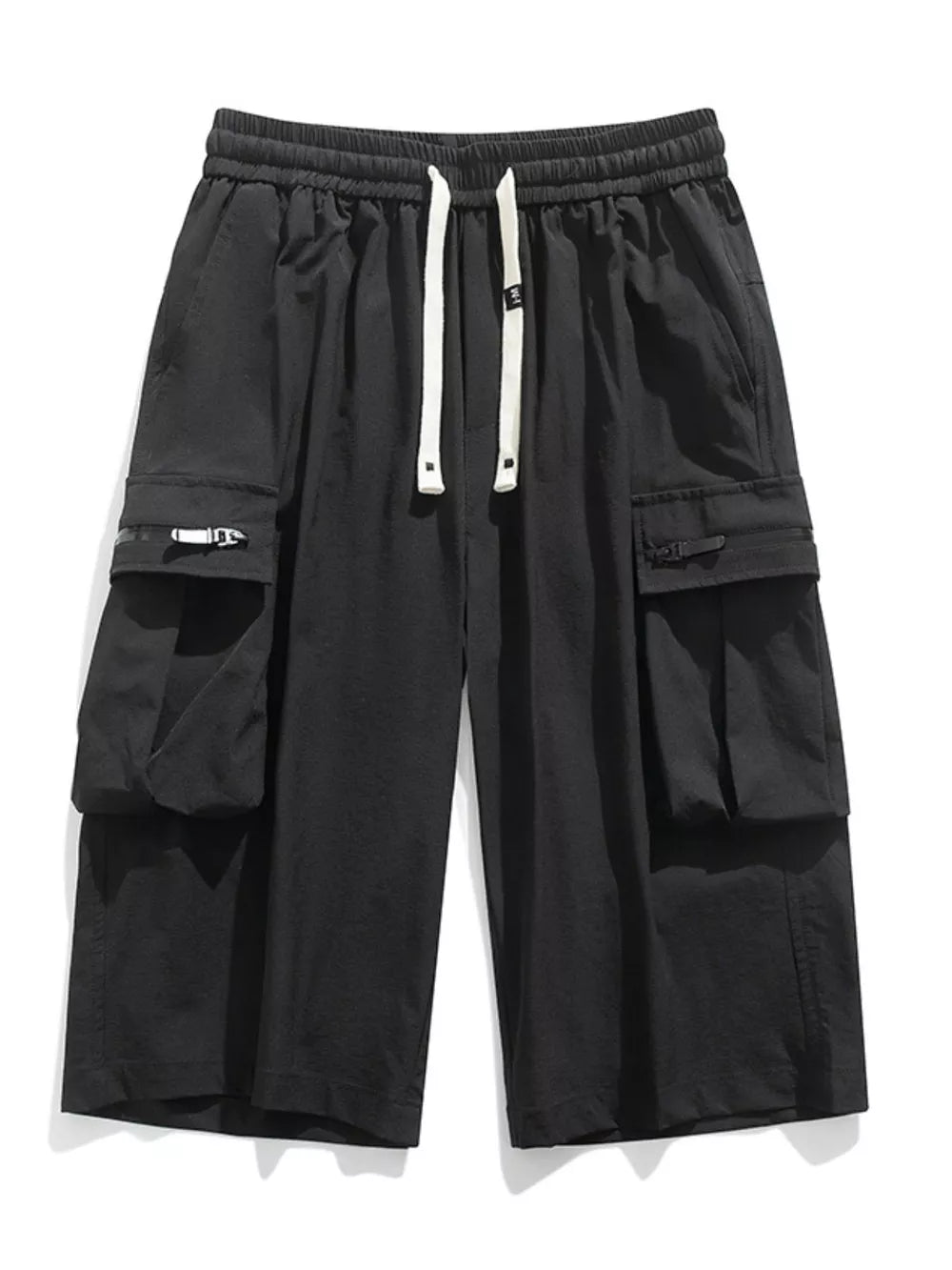 Black cargo shorts with zippered pockets and drawstring waist