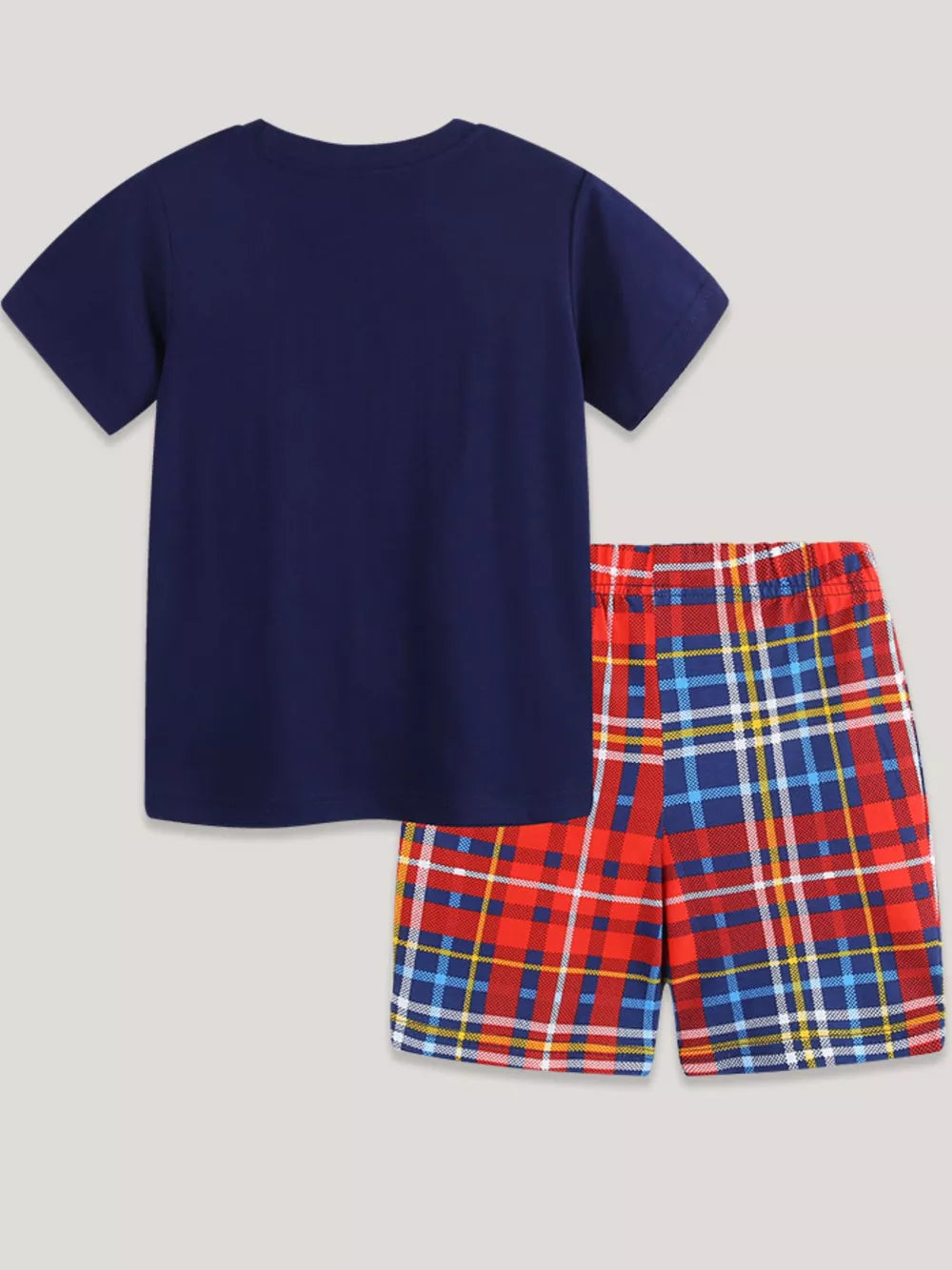 Baby boys navy dinosaur graphic tee and red plaid shorts set