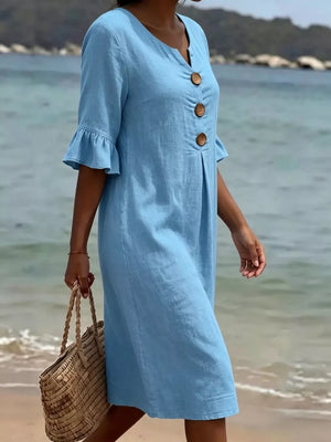 Sky blue casual dress with ruffled sleeves and button detail.