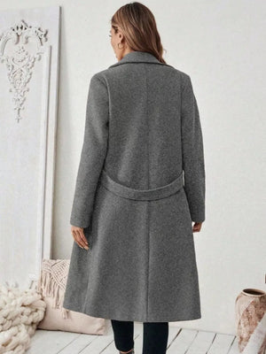 Black Elegant Lapel Collar Belted Trench Coat Plus Size