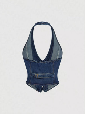 Halter Neck Denim Vest And Wide-leg Jeans Set in Gray