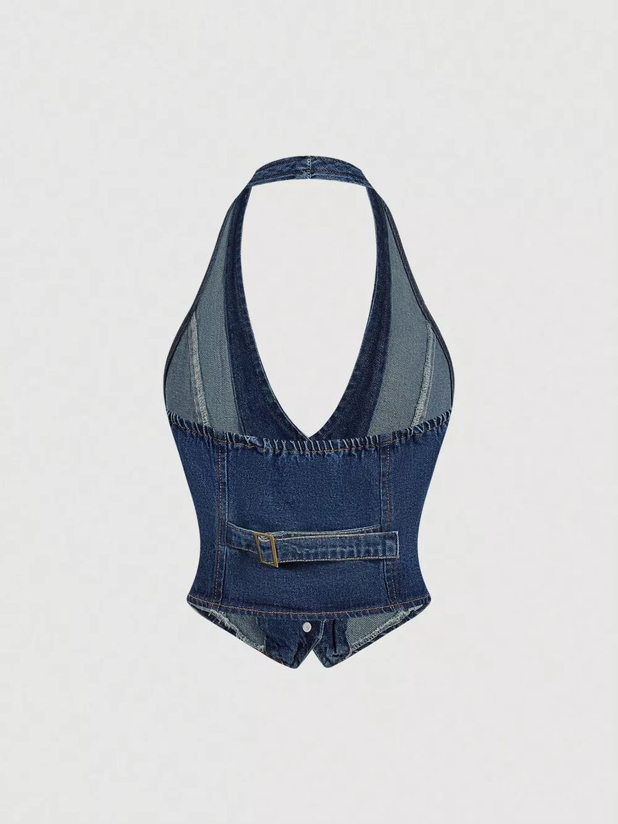 Halter Neck Denim Vest And Wide-leg Jeans Set in Gray
