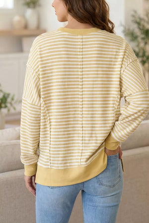 Pastel Yellow Stripe Textured Knit Color Block Long Sleeve Top