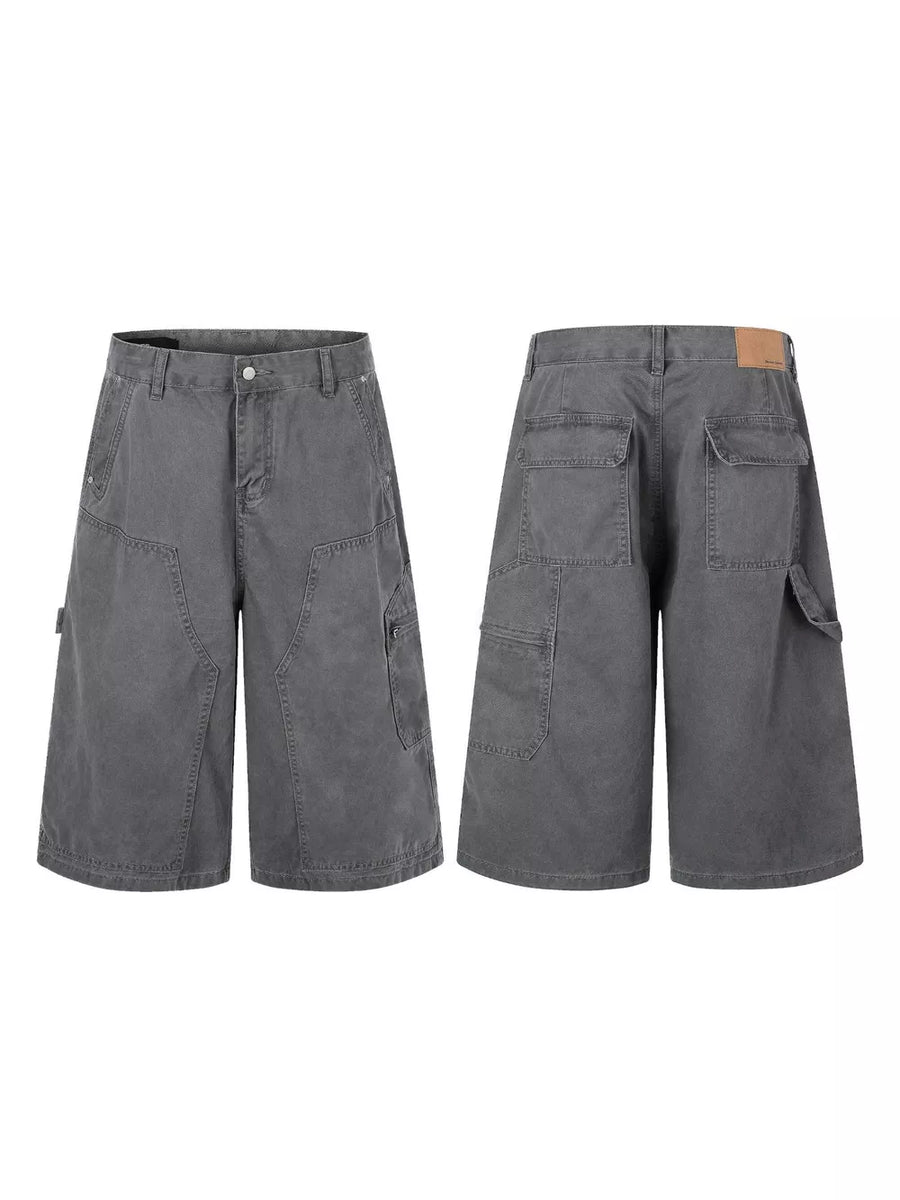 Men's relaxed fit grey cotton cargo capris with multiple pockets and button closure.