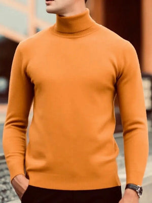 Tangerine turtleneck knit sweater with a modern silhouette and long sleeves.