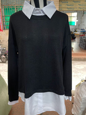 Full Size Round Neck Long Sleeve Sweater in Black with stretch