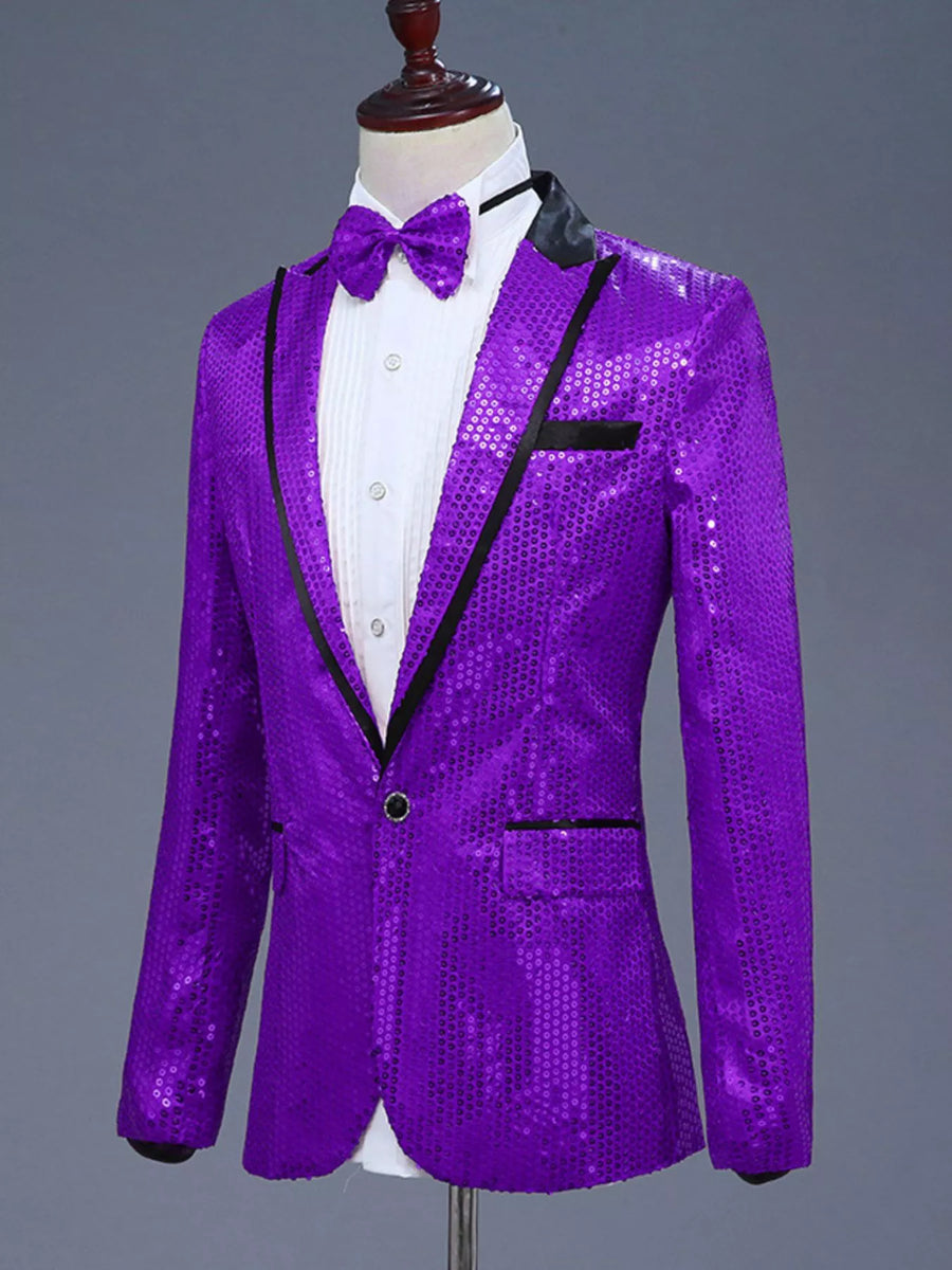 Purple sequin one button tuxedo blazer with black lapels and trim, worn with a white shirt and bow tie.