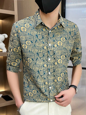 Men's short sleeve button-up shirt with floral jacquard pattern in blue and yellow.