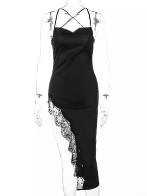 Black lace-trim spaghetti strap cowl neck bodycon dress with criss-cross back straps.