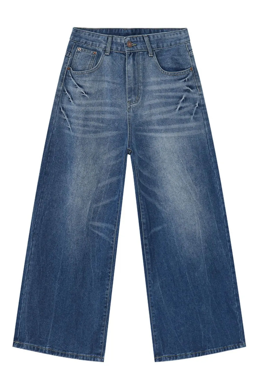 Oversized denim palazzo trousers in medium wash with distressed details and wide legs.