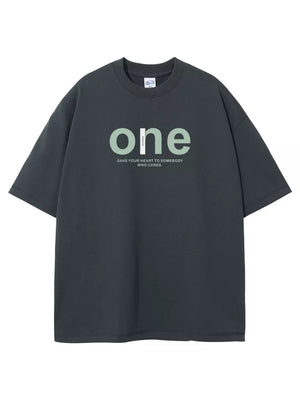 Dark Gray oversized cotton crew neck t-shirt with "one" graphic and text.