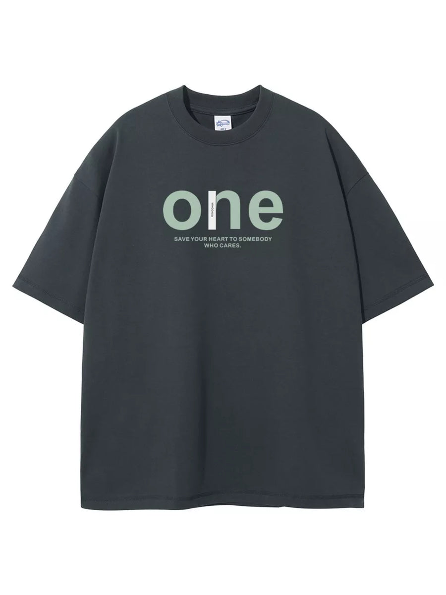 Dark Gray oversized cotton crew neck t-shirt with "one" graphic and text.
