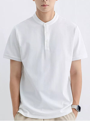 Men's white cotton t-shirt with mandarin collar and button placket