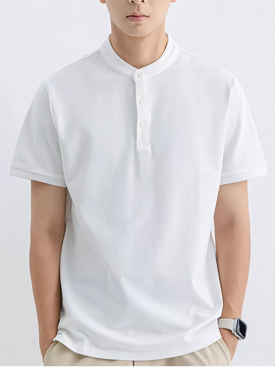 Men's white cotton t-shirt with mandarin collar and button placket