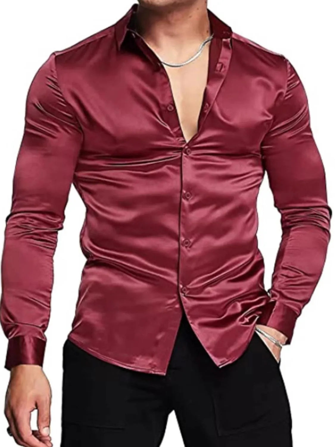 Burgundy satin finish slim fit button-down shirt with a deep V-neck.