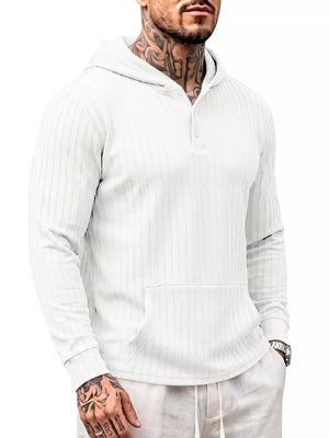 Khaki pullover hoodie featuring kangaroo pocket and striped