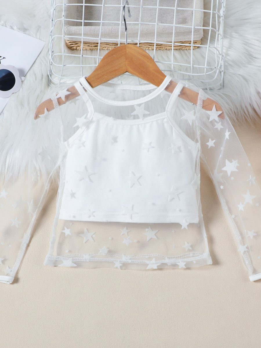 White toddler cami and skirt set with sheer star-print long sleeves
