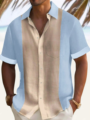 Men's short sleeve cotton button-down shirt with color block beige and light blue panels and chest pocket.