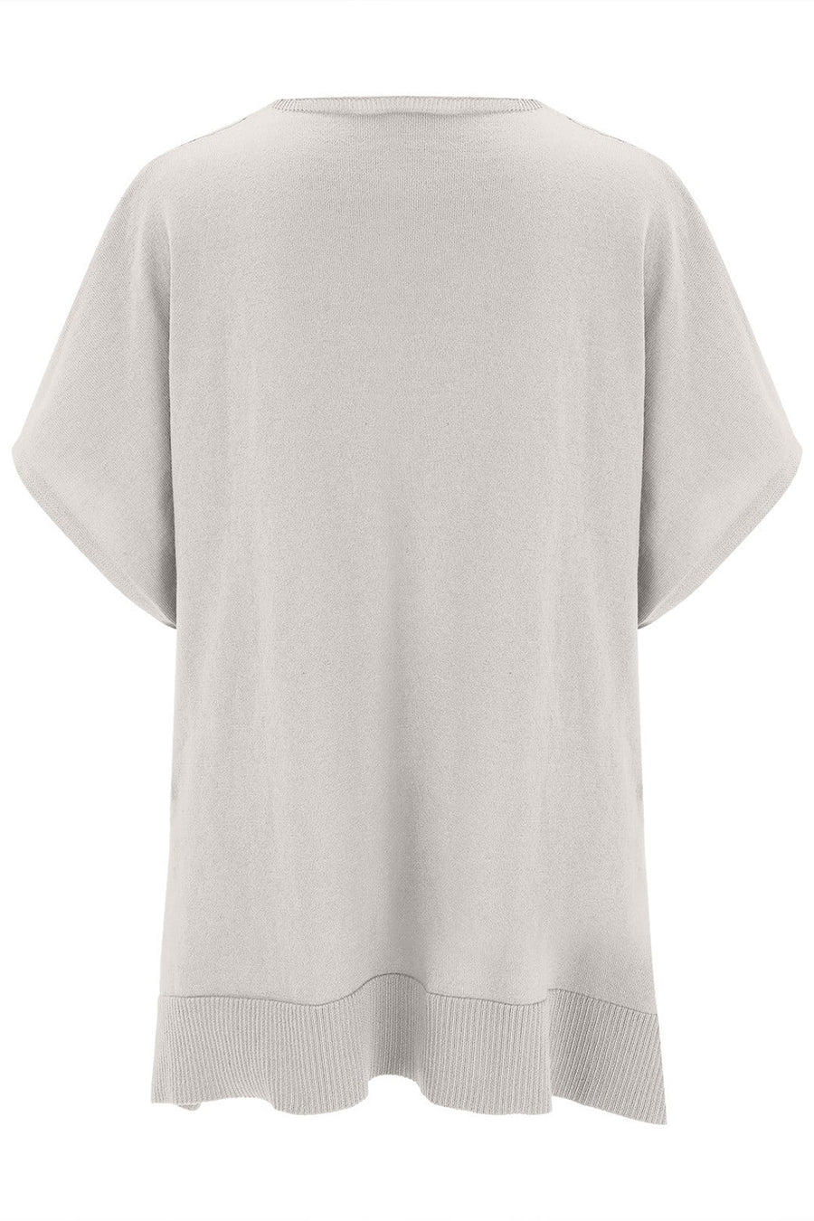Light Gray Relaxed V-Neck Knit Poncho Top with short sleeves and ribbed hem