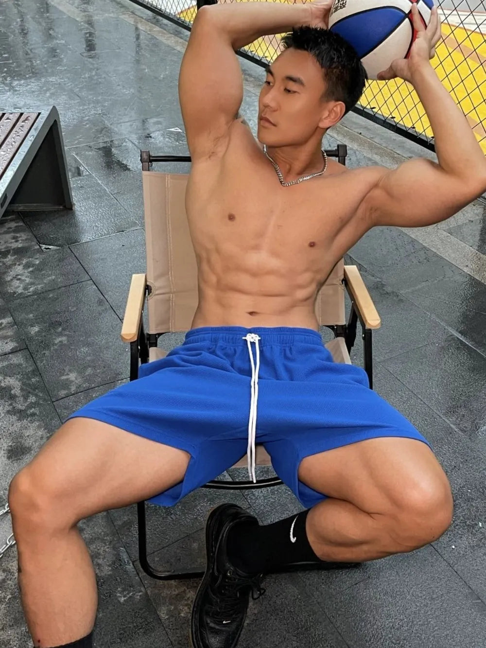 Royal blue athletic drawstring lounge shorts with white tie