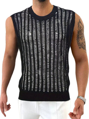 Black textured stripe knit tank top with distressed vertical lines.