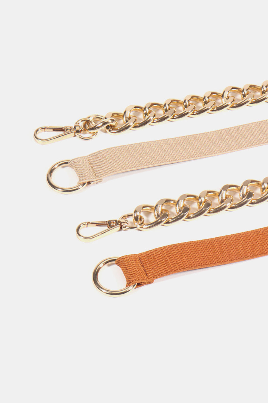 Chain detail elastic waist belt with gold hardware in tan and rust colors