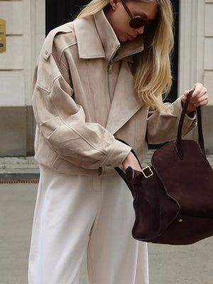 moto jacket in brown with zipper and hip-length