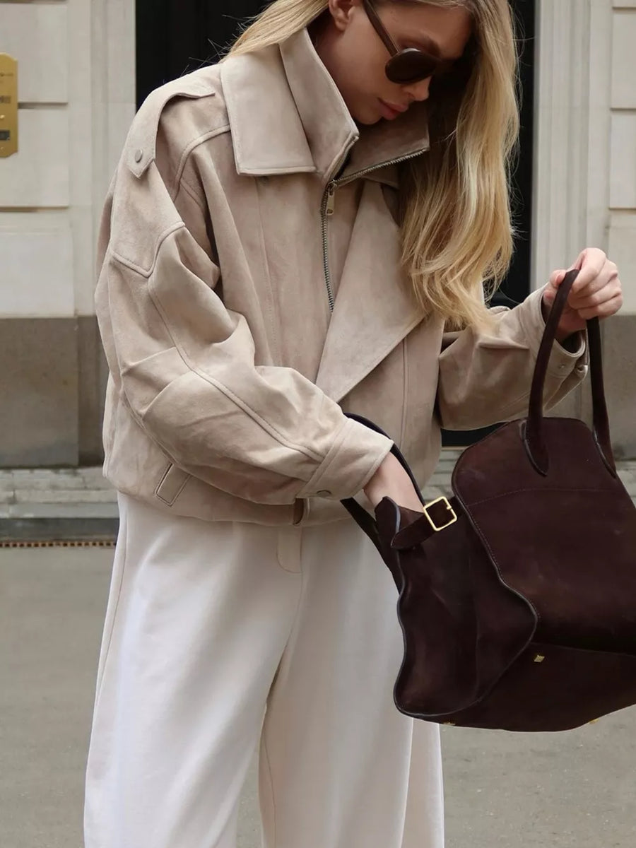 moto jacket in brown with zipper and hip-length