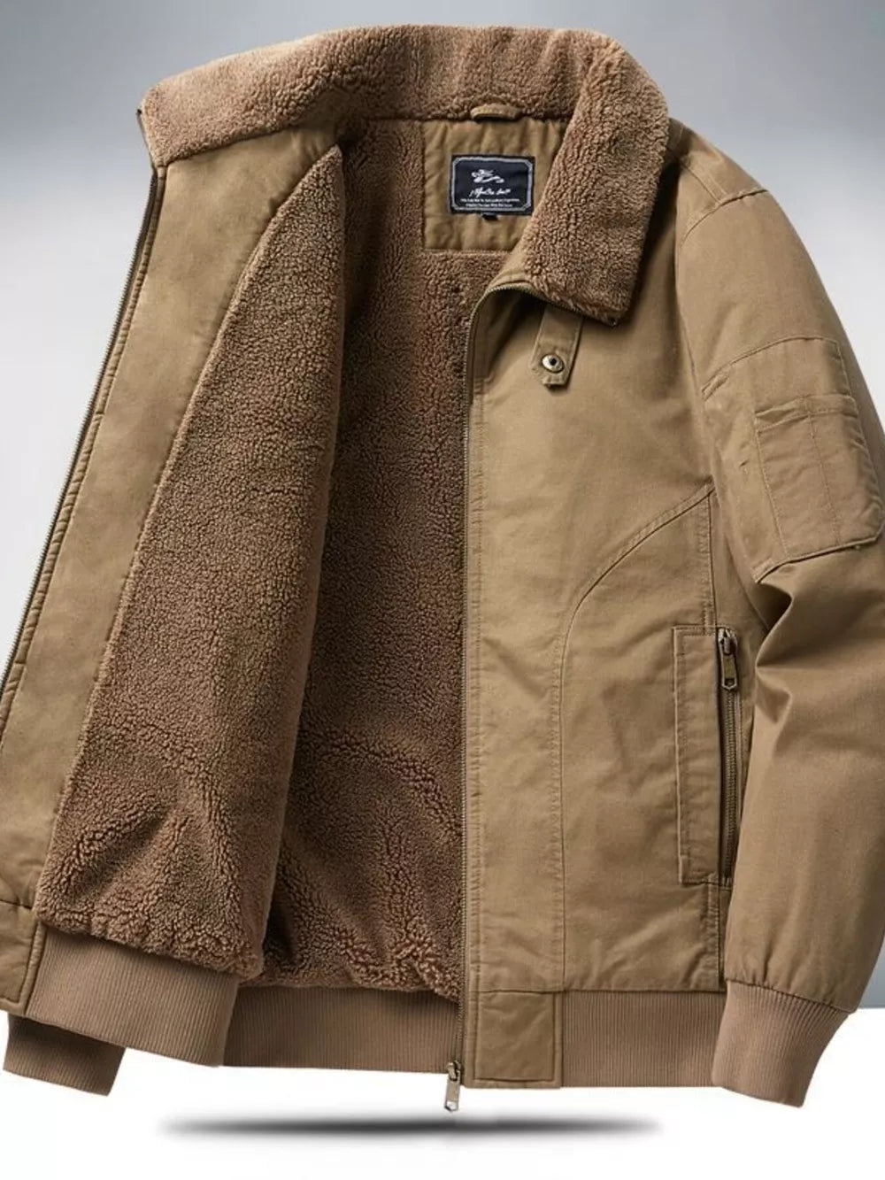 Khaki bomber jacket with sherpa lining and collar detail