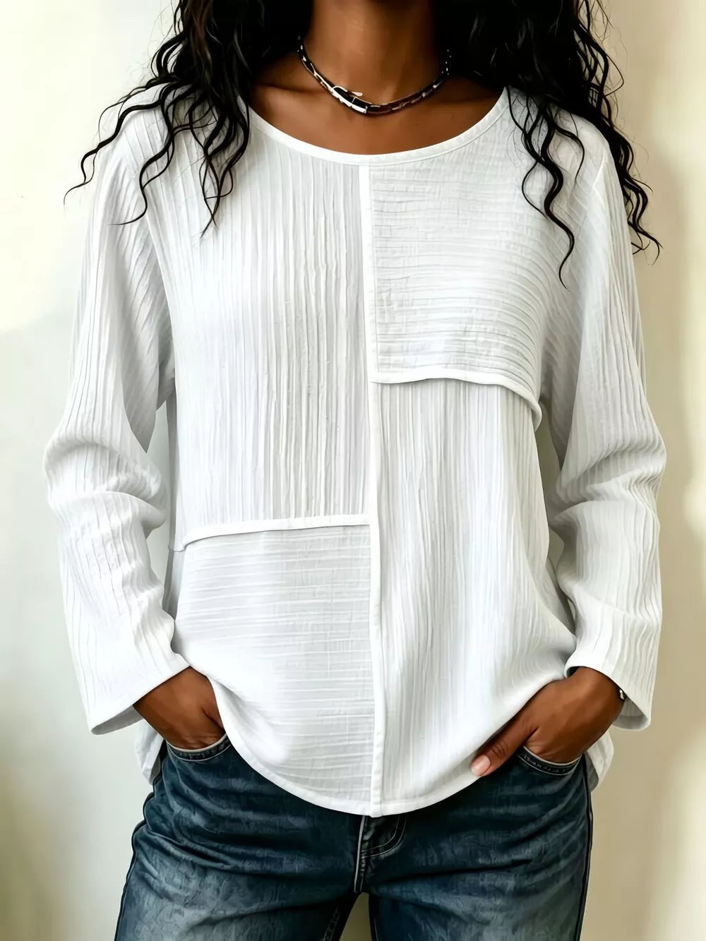 white blouse with patchwork and round neck