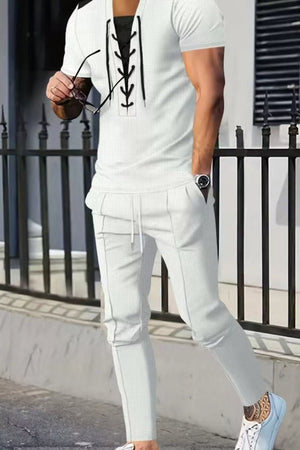 Men's Full Size Lace-up Front Top And Pants Set in Khaki