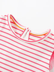 Toddler dress with pink and white stripes, round neck, and pink tulle sleeve detail.