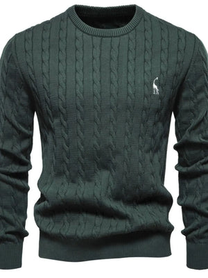 Dark Forest green cable knit crewneck sweater with embroidered giraffe detail.