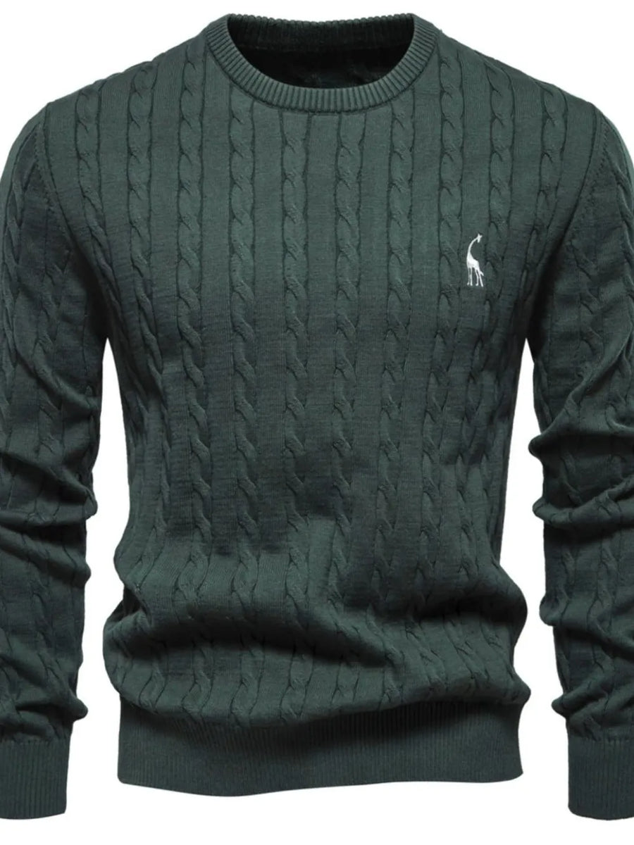 Dark Forest green cable knit crewneck sweater with embroidered giraffe detail.