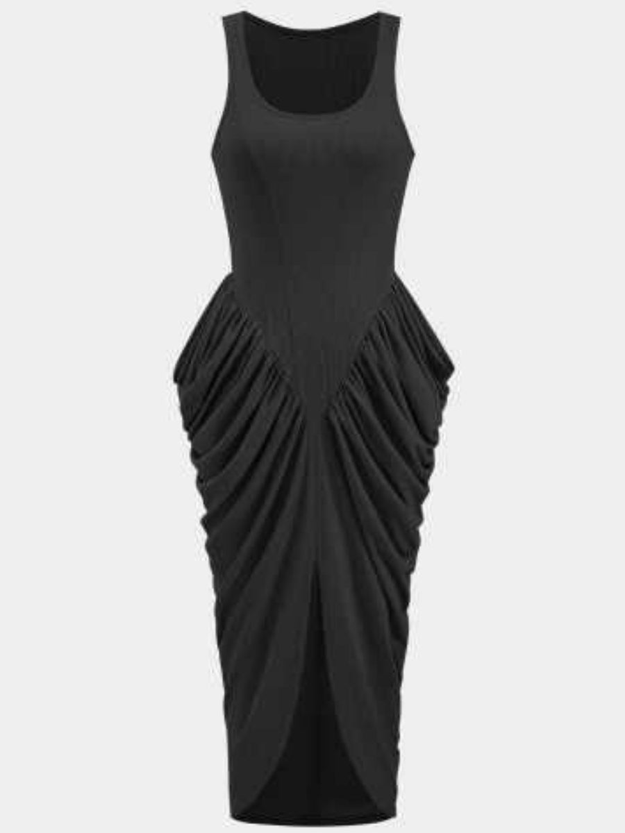Black ruched midi dress with slit and scoop neck.