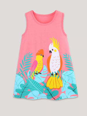 Toddler sleeveless pink dress with tropical parrot and leaf print