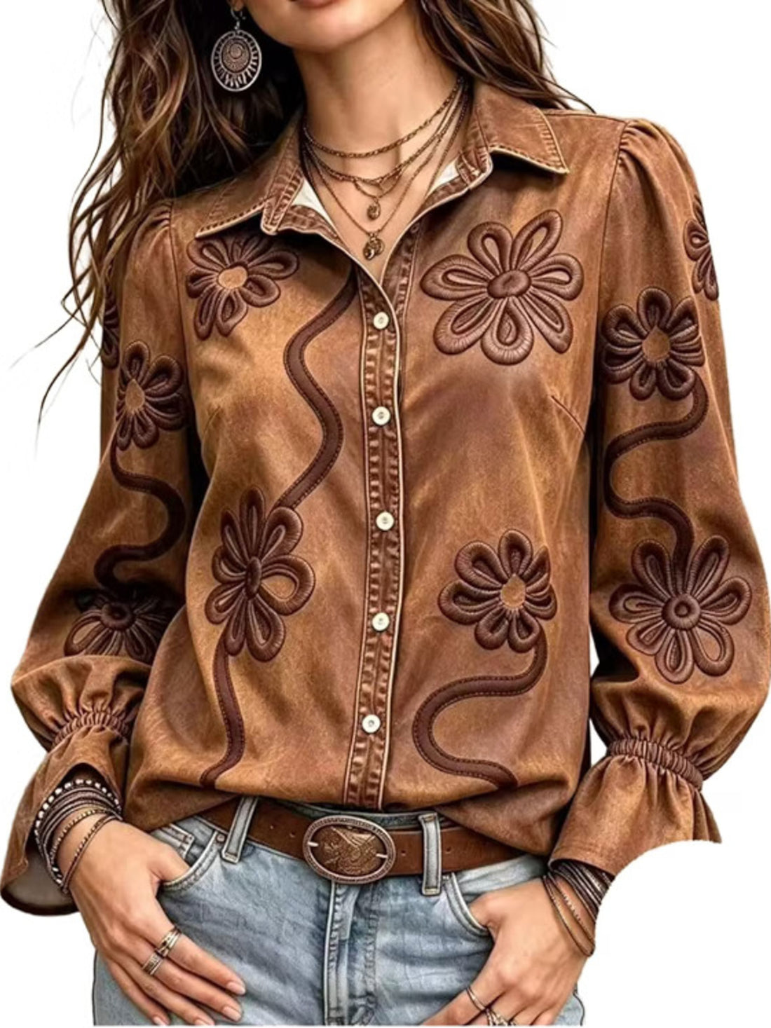 brown button-up shirt with floral and collared