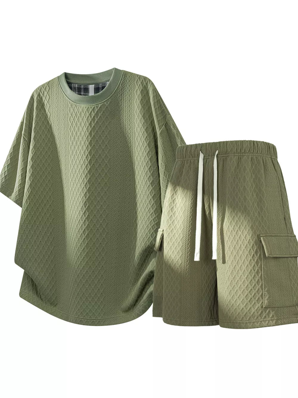 Black Men's Plus Size Textured Casual Top And Shorts Set