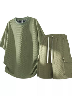 Black Men's Plus Size Textured Casual Top And Shorts Set